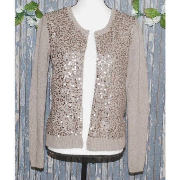 Ann Taylor Ladies Brown Snap Button Front Sequin Sweater Size M Stretch Career - Picture 4 of 9